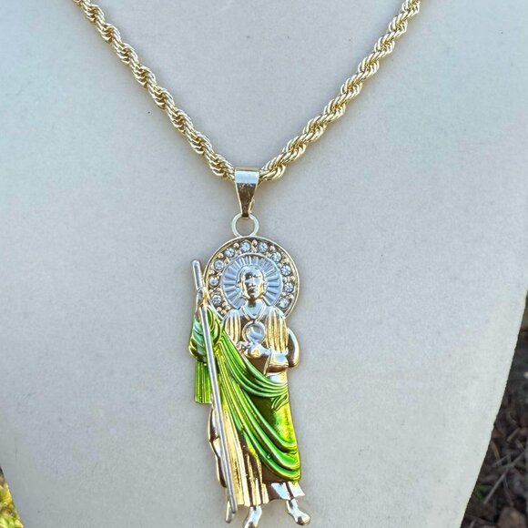 St Jude Thaddeus Pendant Necklace 14K Gold Plated Religious Piece Rope 18x3mm - Picture 1 of 4
